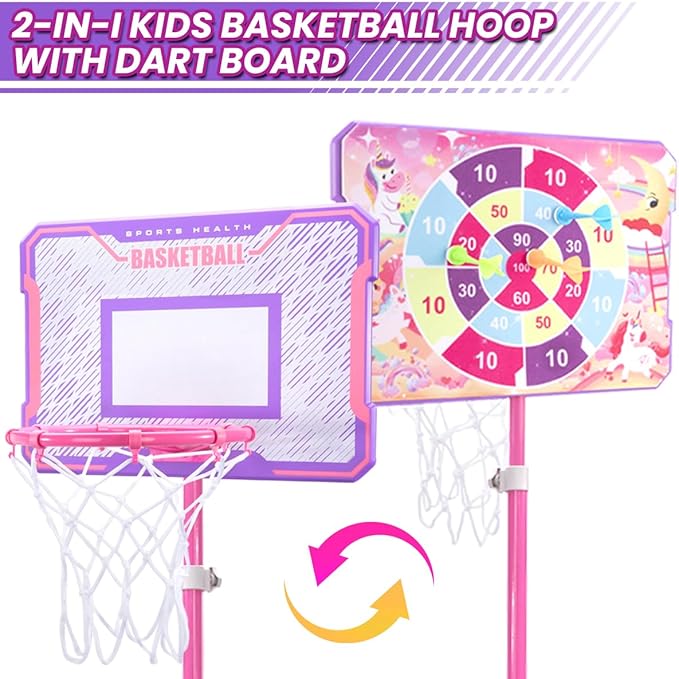 Meland Kids Basketball Hoop, Pink Basketball Hoop for Kids Toddler Basketball Hoop Outdoor & Indoor with Dart Board, Adjustable Height 3.4-6.2FT Birthday Gift Toys for Girls 3 4 5 6 7 8 Years Old