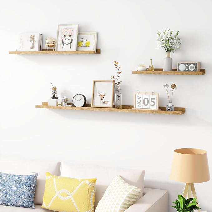 Picture Ledge Shelf, Wood Floating Shelves Set of 4, 24 inch Picture Ledge Shelves, Photo Ledge Nursery Book Shelves Wall Mounted for Living Room Kids' Room Bedroom, Color Oak