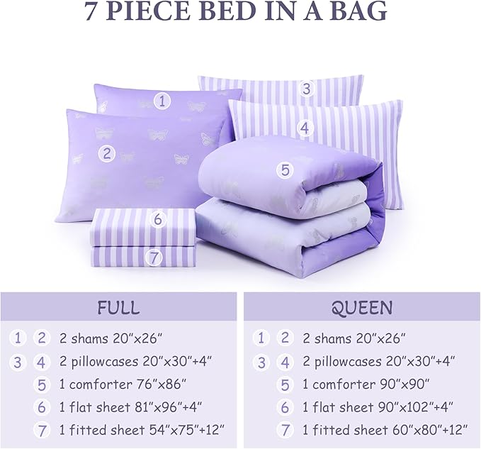 Full Size Comforter Sets with Sheets for Girls-7 Pieces Full Size Bedding Sets with Purple Comforter, Sheets, Pillowcases & Shams for Kids (Purple Butterfly, 76" X 86")