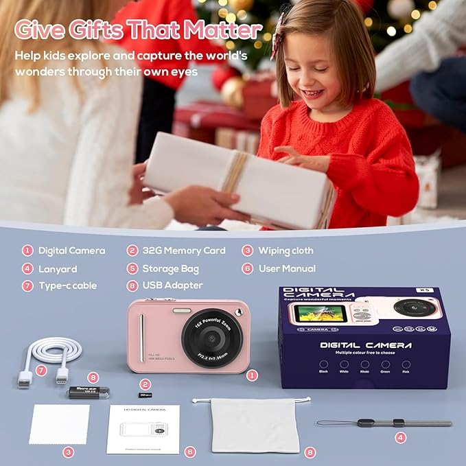 Digital Camera for Kids, WITYEAH 48MP FHD 1080P Point and Shoot Digital Cameras with 16X Zoom Anti-Shake, Compact Portable Cameras for Photography, for Boys Girls Teens Beginners-Pink