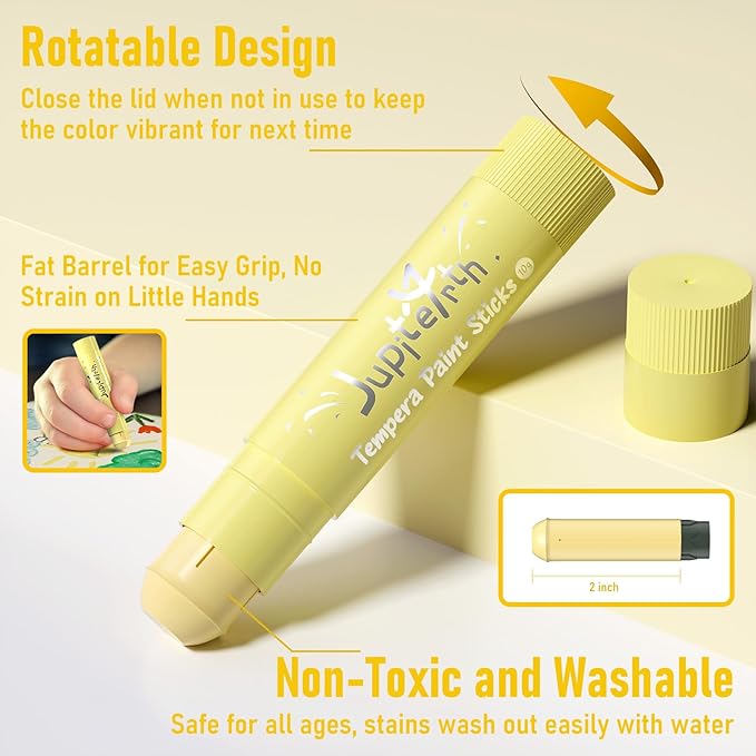 Paint Sticks for Kids 12 Colors, Quick Drying, Smooth, Non-Toxic and Washable Solid Tempera Paint Sticks with 120 PDF Coloring Pages and 30 Stickers, Toddler Art Supplies for Drawing