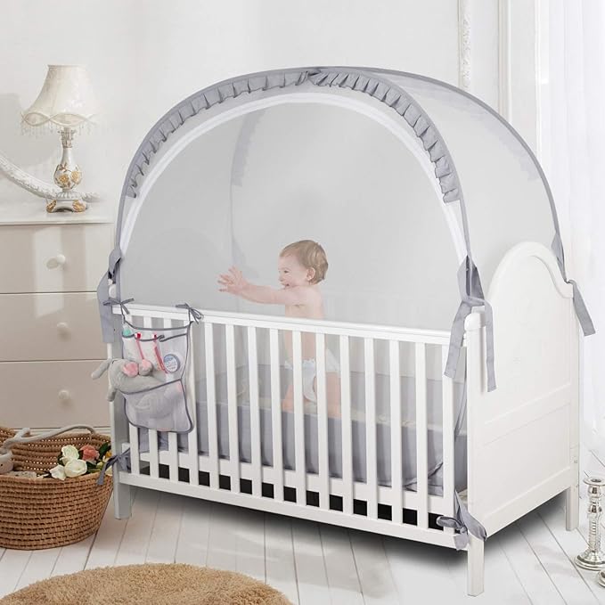 Baby Safety Crib Tent Infant Pop up Mosquito Net Nursery Bed Canopy Netting Cover - Keep Baby from Climbing Out with Hanging Diaper Storage Bag (Gray)