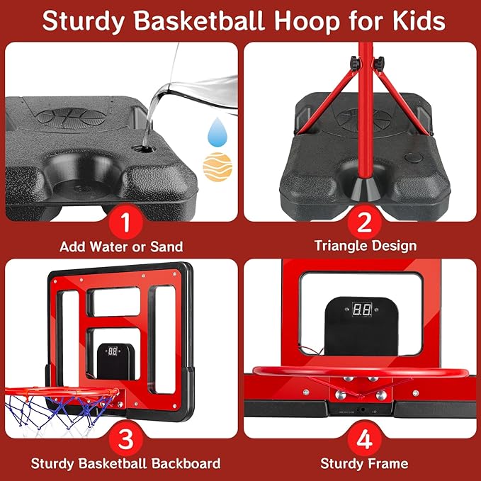 Kids Basketball Hoop Adjustable Height 3.5FT-6.2FT, Indoor Outdoor Toddler Basketball Hoop with LED Scoreboard, Boys Basketball Toy for 3 4 5 6 7 8 Years Gift, Portable Basketball Goals Sport Game