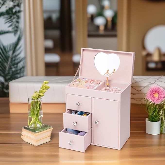 Vlando Musical Jewelry Box with Spinning Ballerina, Girls’ Jewelry Organizer for Necklaces Rings and Hair Accessories, Gift for Girls and Kids, Barely Pink