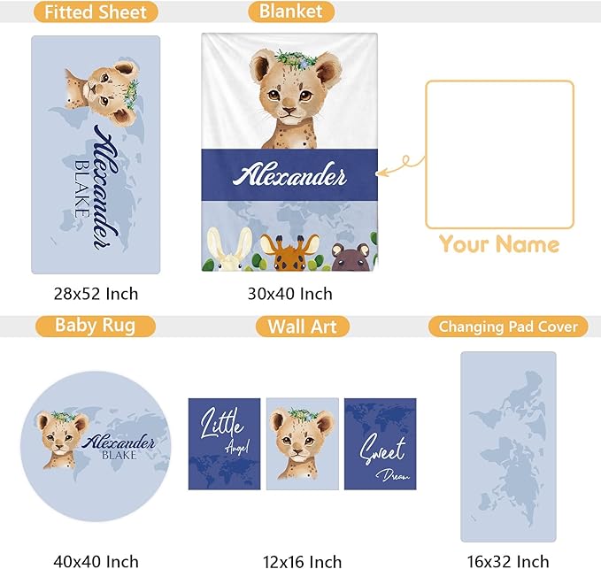 Personalized Baby Crib Bedding Set, 5 Pcs Custom Name Nursery Bedding Set, Deep Blue Leopard Baby Bedding Set for Boys, Double Layer Baby Crib Sets, Customized Gifts for Toddlers Kids Infants