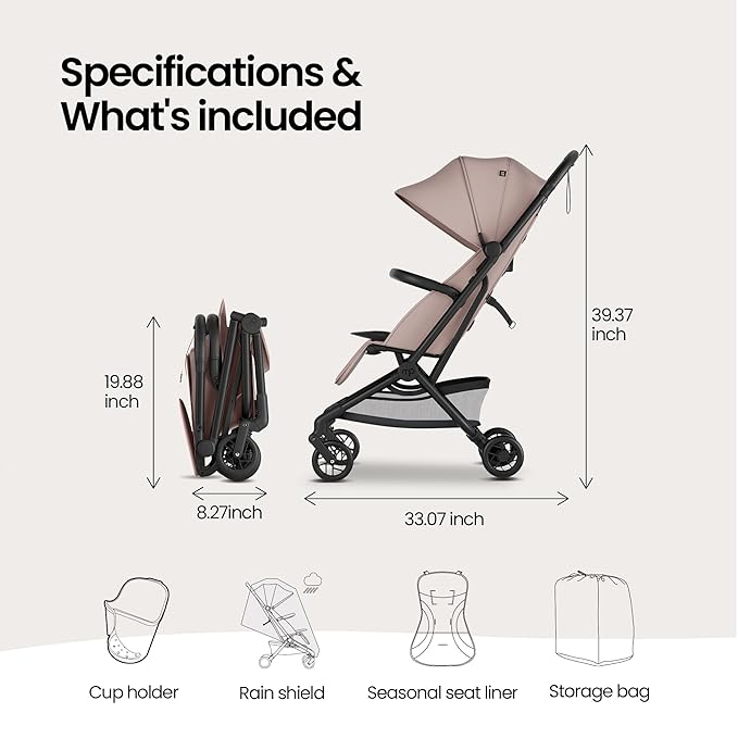 Mompush Velo Lightweight Travel Stroller – One-Hand Fold, Ultra-Compact & Airplane Friendly, Lie-Flat Recline Seat (from Birth to 50 lbs), Includes Cup Holder, Shoulder Strap, and Leather Bumper Bar