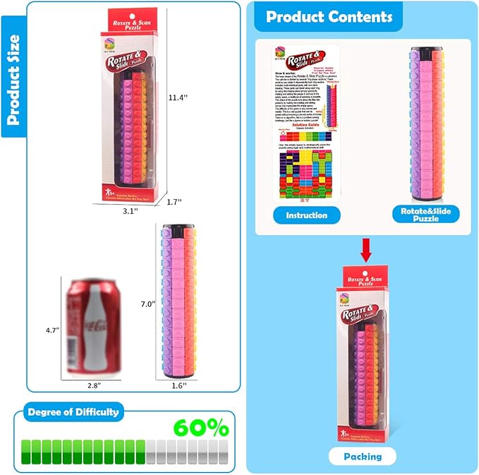 R.Y.TOYS Rotate and Slide Puzzle-Design Patent,Fidget Toys(Restore/Create)-8 Colors,15 Layers-Detach Piece for Quick Play,Brain Teaser,Sensory Toys,Stocking Stuffers,Easter Basket Stuffer Essentials