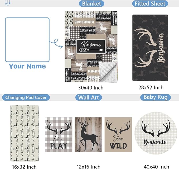 Personalized Woodland Deer Crib Set - 5 Pcs Nursery Bedding Set With Double Layer, Soft Bedding Sets For Boys, Girls, Toddlers, Infants