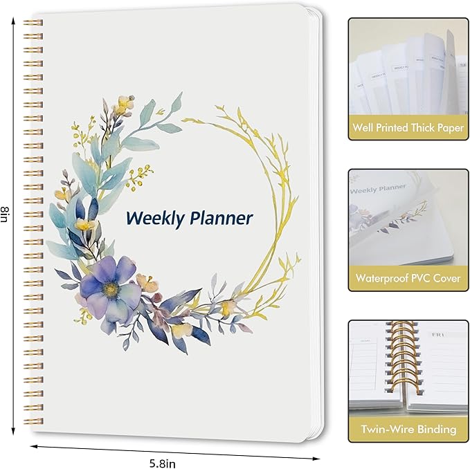 Undated Weekly Planner, Weekly To Do List Notebook with Goal & Habit Tracker Organizer, A5 5.8" x 8.0" Weekly Planner Notebook with Spiral Binding for Men or Women