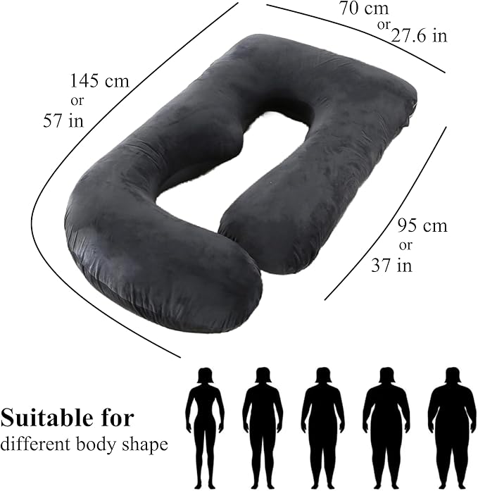 Pregnancy Pillow, Full Body 57 Inch Maternity Pillow with Removable Washable Cover - Sleep Support for Legs, Back, Neck, Shoulder, HIPS, Belly for Pregnent Women, Black Grey Velvet Cover