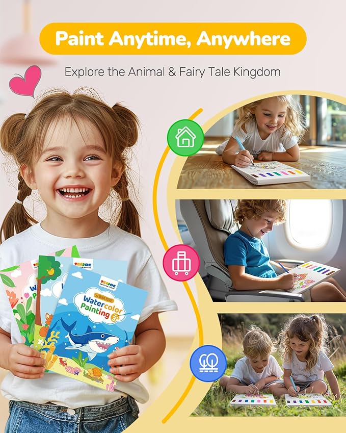 TECJOE 3 Pack Paint with Water Coloring Books for Toddlers, Watercolor Paint Set with 6 Brushes, Painting Activity for Kids Ages 4 5 6 7 8, Birthday Gifts Arts & Crafts Toy, Princess, Forest & Sea