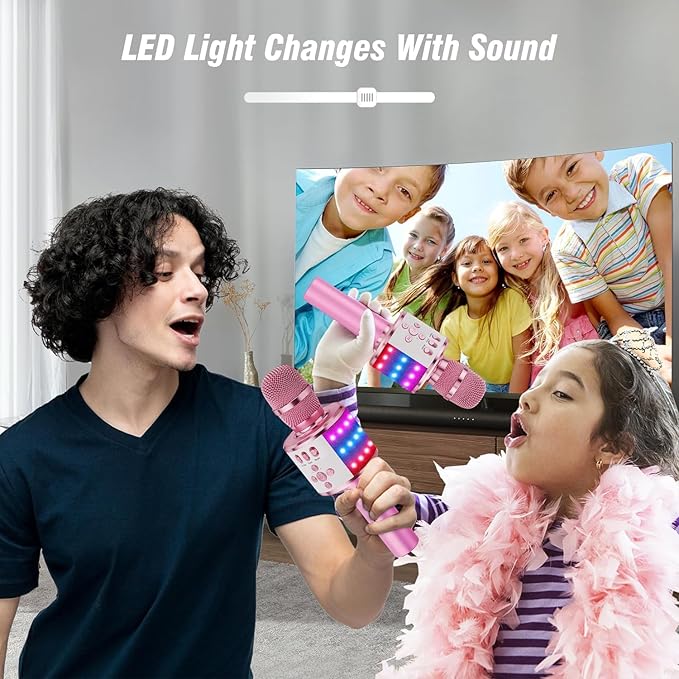 BONAOK Karaoke Microphone for Kids & Adults - Bluetooth Microphones Singing Mic with Disco Lights, Echo Effect, Built-in Speaker Portable Karaoke Player for Party Travel Gifts Q78(Light Pink)