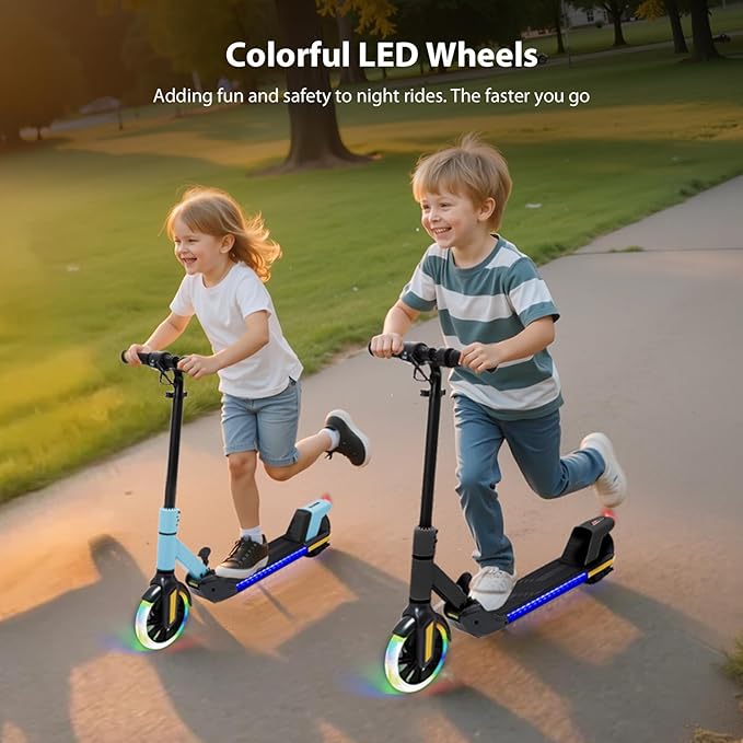 Foldable Children's Electric Scooter (Ages 6-14) - Top Speed 16 km/h, Maximum Range 8 km, 7-inch Illuminated Front Wheel, 6-inch Solid Rear Wheel
