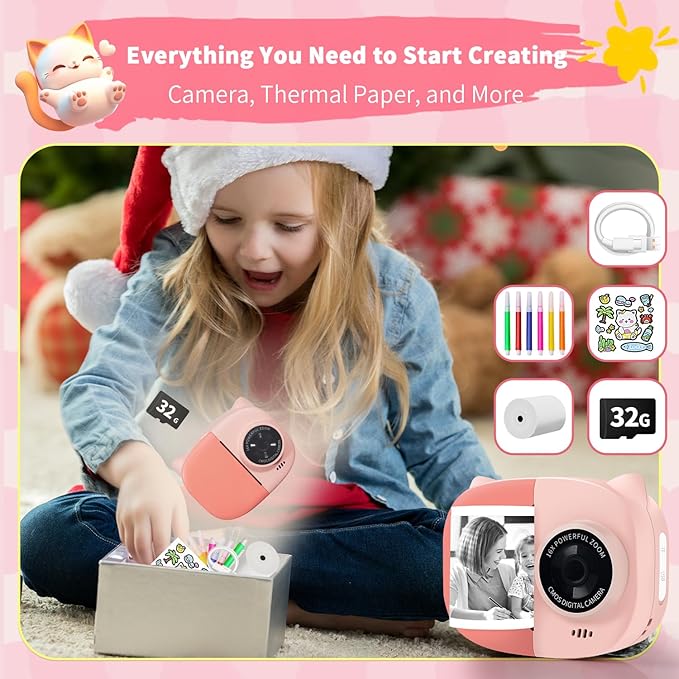 Rongta Kids Camera Instant Print, 1080P Kids Instant Cameras That Print Photos, Christmas Birthday Gifts for Girls Age 3-12, Video Camera Portable Toy for 3 4 5 6 7 8 9 10 Year Old Kids Girls(Pink)
