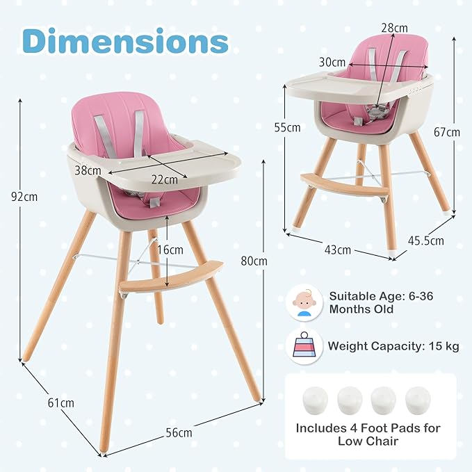 HONEY JOY High Chair, 3-in-1 Eat & Grow Wooden Highchair/Booster Seat/Toddler Chair with Removable Tray, 5-Point Harness, PU Cushion and Footrest for Baby, High Chair for Babies and Toddlers(Pink)