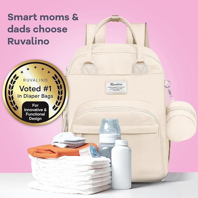 RUVALINO Diaper Bag Backpack-Multifunction Baby Travel Bag with Changing pad, Insulated Bottle Holders & Pacifier Case, Large Capacity, Waterproof, Beige