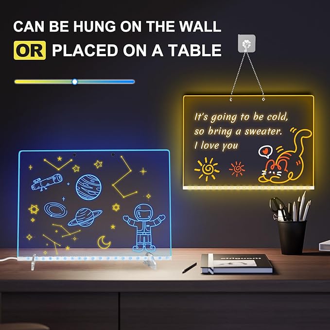 LED Note Board with 7 Colors, Includes Adapter, 13"x10" Led Drawing Board for Kids, Light Up Dry Erase Boards with 7 Markers, Soft Cloth, Hanging Chain, Holiday Trend Gift