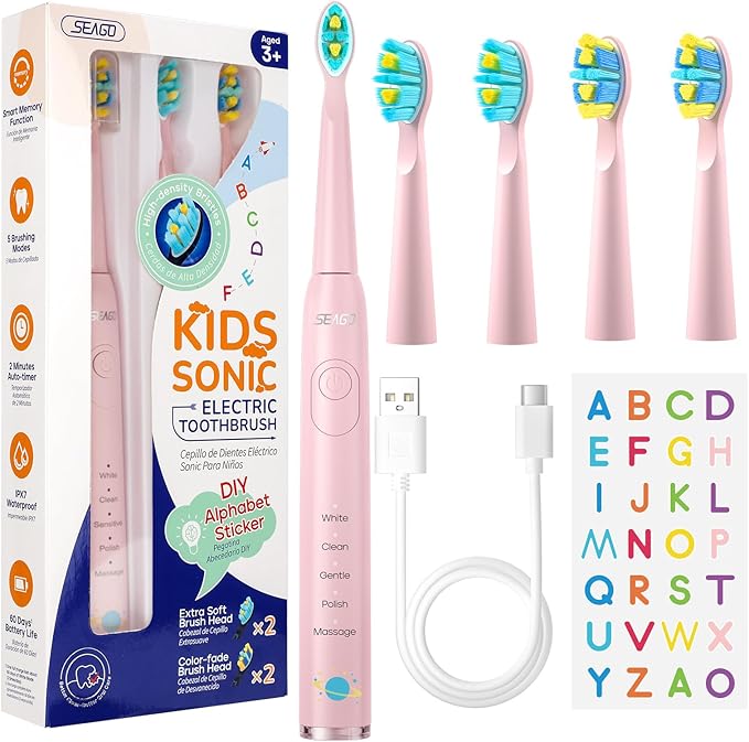 SEAGO Kids Electric Toothbrush, Sonic Soft Bristle Rechargeable Toothbrushes with DIY Stickers, 5 Modes, Includes 4 Replacement Brush Heads, Ages 3 to 12 Years Old (Pink)
