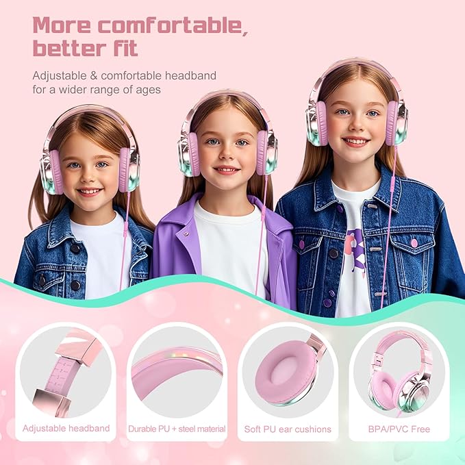QearFun Kids Headphones Wired with Mic, 85/94dB Safe Volume Limit, Foldable Over Ear, Tangle-Free Cord & Sharing Port, Wired On-Ear Headset for School, Chromebook, Tablet, Travel - Boys & Girls