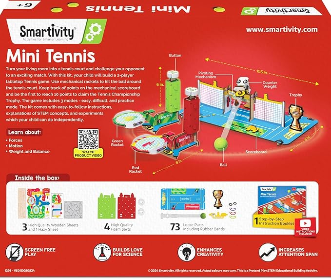 Smartivity Tabletop Tennis - Pickleball Game Kit for Kids 6 to 12, 2-Player STEM Toy with Mechanical Rackets & Scoreboard, Birthday Gift for Boys & Girls Age 6,7,8,9,10,11,12,13,14 Years