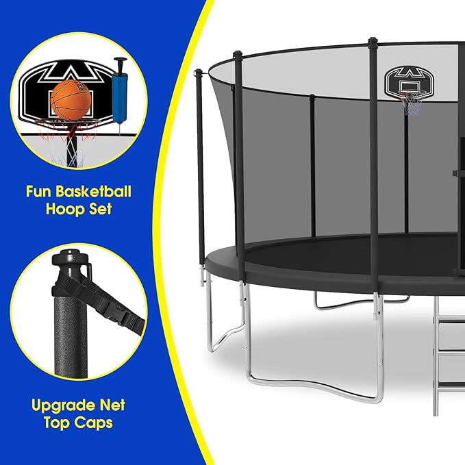 SKYUP Tranpoline 1500LBS 16 15 14 12 10 8 FT Tranpoline for 7-10 Kids and Adults, Windproof Outdoor Tranpoline with Enclosure Net, Basketball Hoop, Easy to Install & Last Long - ASTM Approved