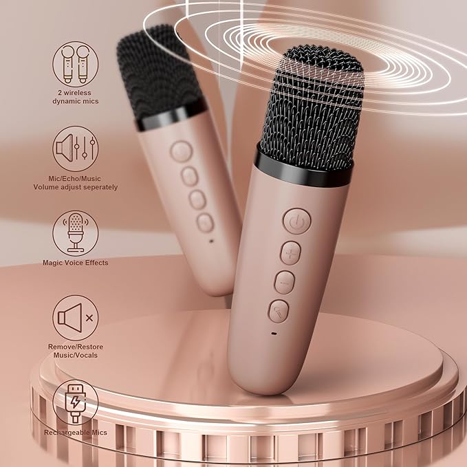 Mini Karaoke Machine, Portable Bluetooth Karaoke Speaker with 2 Wireless Microphones and Party Lights for Kids and Adults, Birthday Gifts for Girls Boys Family Home Party (Rose Gold)