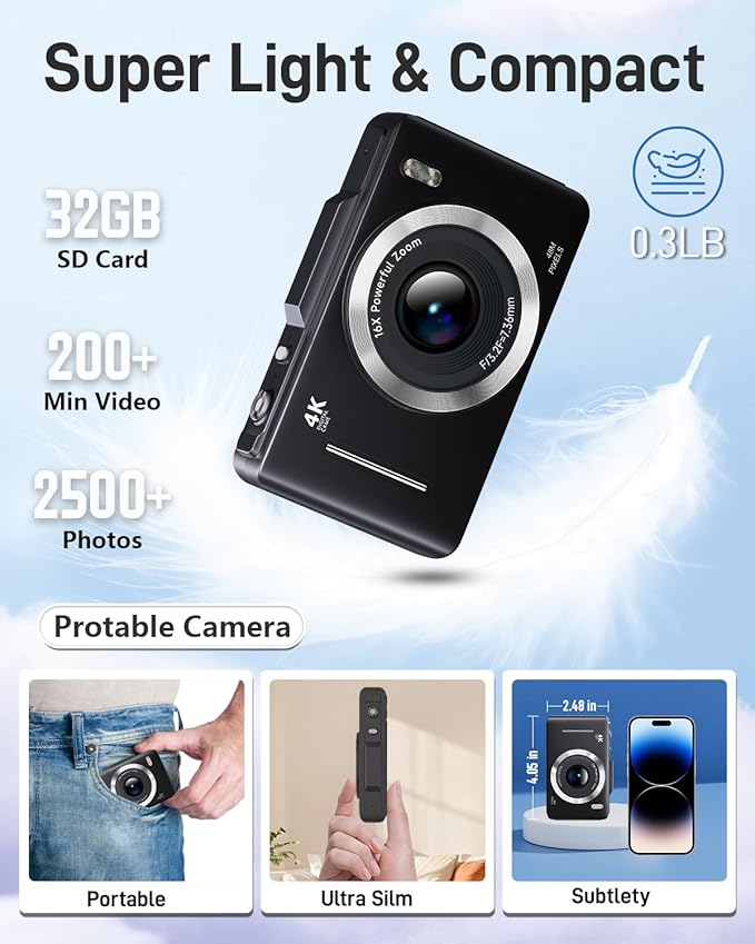Digital Camera, FHD 1080P Kids Camera Digital with 16x Zoom Anti Shake, 32GB Card, 4K 48MP Portable Compact Point and Shoot Cameras, Vintage Small Camera for Teens Beginner Kids Present