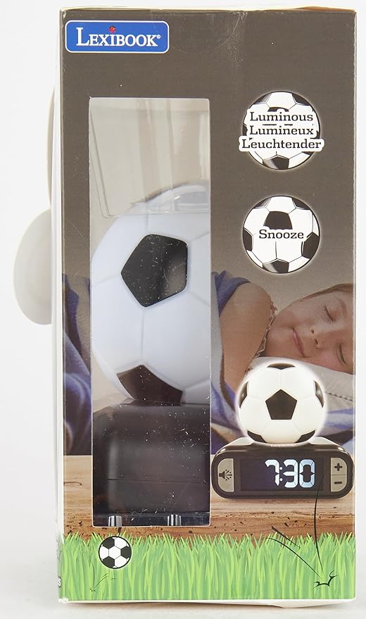 LEXiBOOK - Soccer Ball Digital Alarm Clock with Night Light Snooze, Clock, Luminous Soccer Ball, Black Colour - RL800FO
