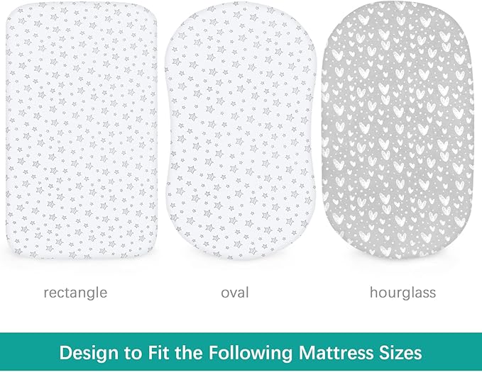 Waterproof Bassinet Sheets Fit for Halo, Dream on Me, Ingenuity, Fisher Price, Delta, Graco and Other Oval Bassinet Mattress, 2 Pack, 100% Cotton, Ultra Soft, White Grey Star Print for Baby