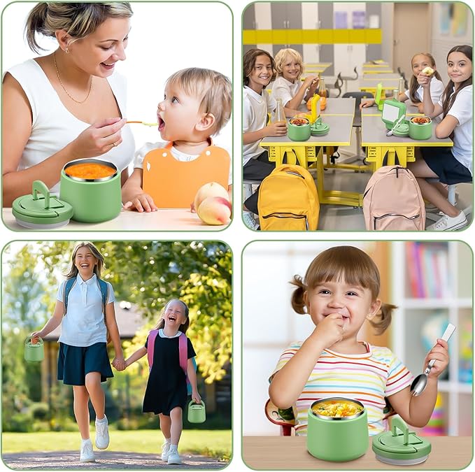 Soup Thermo for Hot Food Kids 14oz Lunch Containers with Buckle Lid Wide Mouth Hot Food Jar Vacuum Insulated Stainless Steel Bento Box Leakproof with Spoon(Green)