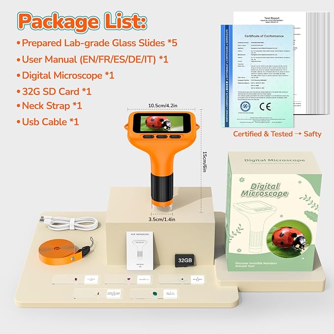 3" Screen Digital Microscope for Kids: 1000X Rechargeable Mini Pocket Portable Miniscope Magnifying Glass 4K Coin Jewelry Loupe Edu Science STEM Toy Xmas Gift 4-12 Boys Girls