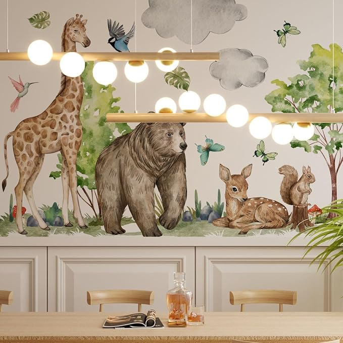 Watercolor Jungle Animal Wall Decals - Tiger, Elephant, Giraffe, Zebra, Lion,Monkey- Forest Wall Decal for Baby's Room, Playroom, Bedroom, Classroom, Kindergarten Decor