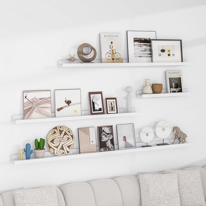 Picture Ledge Shelf, 72 inch Solid Ash Wood Floating Shelves Set of 2, Picture Ledge Ledge Wall Mounted for Living Room Kids' Room Bedroom, Color White