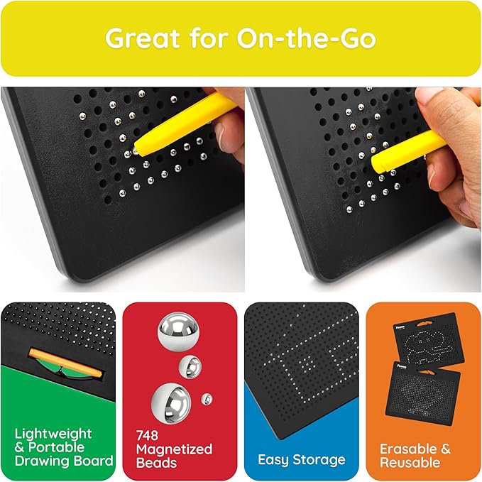 PicassoTiles Magnetic Drawing Board 748 Beads Pad Large 12x10 Inch STEM Writing Toy Reusable Erasable Educational Tablet for Toddlers Kids Age 3 Plus Magnet Learning Tool Brain Development PTB01BLK