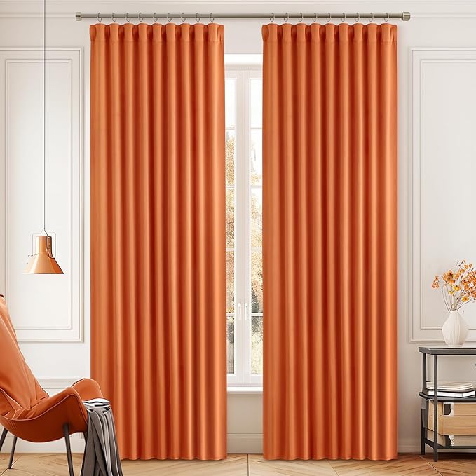 MIULEE Orange Back Tab Blackout Curtains 90 Inch Long 2 Panels Set for Living Room Bedroom Privacy, Rod Pocket/Pinch Pleated Fall Thermal Insulated Room Darkening Light Blocking Curtain, 52 x 90 Inch
