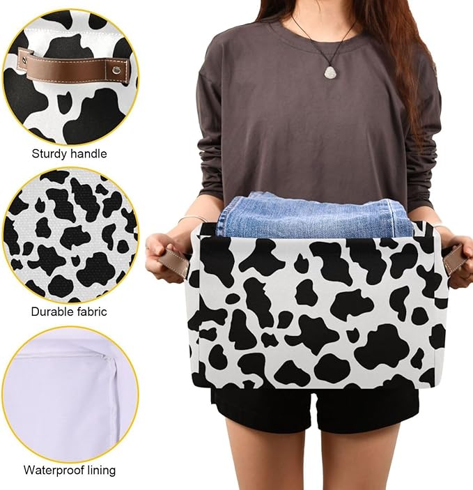 Black White Cow Skin Print Storage Basket Cube Storage Bins Organizer Bag Collapsible Closet Shelf Baskets with handle for Baby Cloth Pet Toy Book 14.2×10.2×8.3 IN