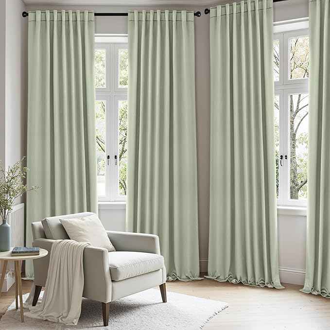 ANRODUO Back Tab Blackout Curtains for Bedroom Living Room, Rod Pocket Pinch Pleated Thermal Insulated Room Darkening Curtains 72 Inches Long 2 Panels, Sage Green, 52 x 72 Inch