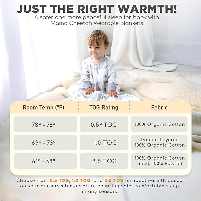 Mama Cheetah Baby Sleep Sack with Sleeves, 0.5 TOG Organic Cotton Wearable Blanket and Two-Way Zipper, Swaddle Transition Long Sleeve Sleeping Bag for Newborn Infant Toddler, 18-24 Months