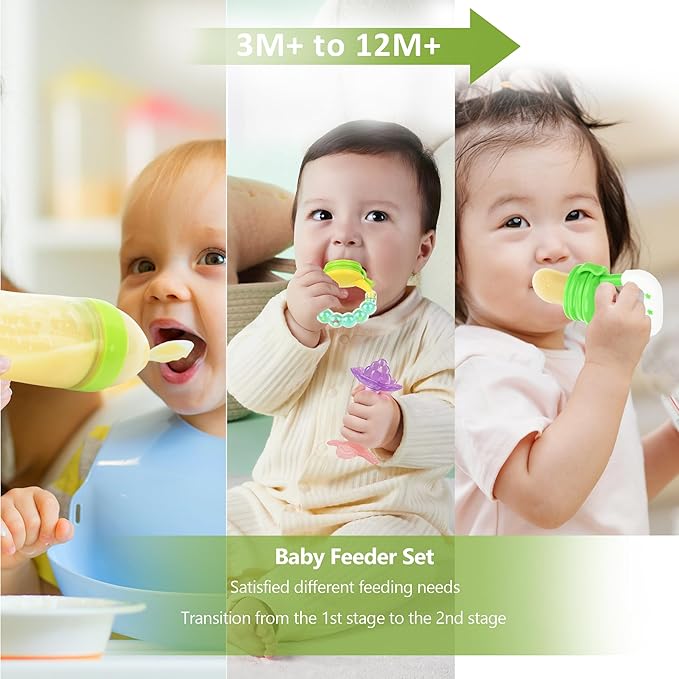 WAJIAYON Baby Fruit Feeder Pacifier - 12 Pack | 2 Infant Food Feeder Pacifier & 1 Babies Food Dispensing Spoon | Fresh Fruit Teethers for Babies | Silicone Feeder Baby,Infant Teething Feeders(Green)