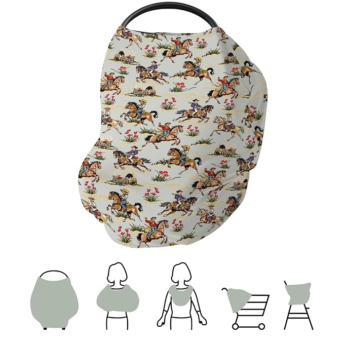 Vintage Cowboy Floral Car Seat Cover for Baby Western Cowboy Horse Stretchy 5-in-1 Covers Adjustable Car Canopy Cover Wild West Desert Breathable Nursing Cover-Up
