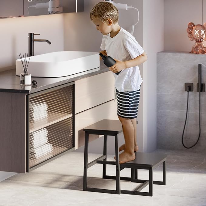 Step Stool for Adults,Holds up to 500Lb,3 in1 Heavy Duty Sturdy Two Step Stool for Kichen/Bathroom/High beds, Wooden&Metal Frame, Non-Slip Pads