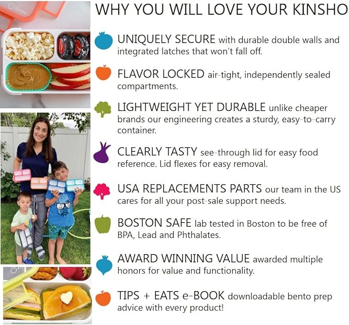 kinsho MINI Bento Box Snack Containers for Kids Small Lunch-Boxes for Girls Boys | Leakproof Toddler Containers for Pre-School Baby Day-Care or Adults | BPA Free 3 Compartments | Pink Coral - Orange