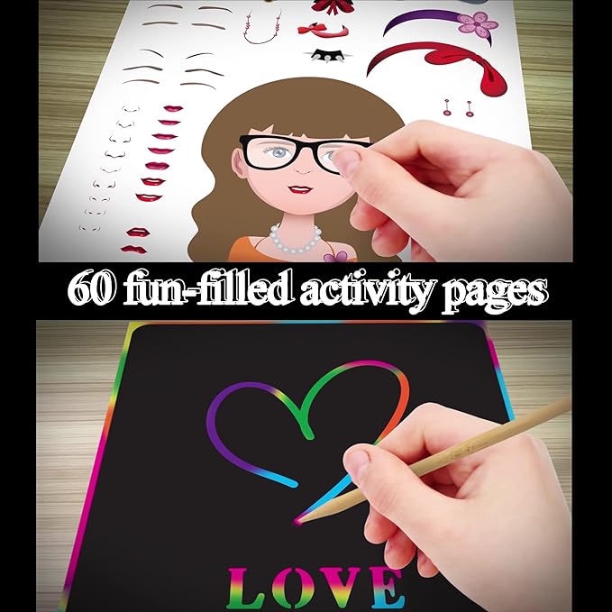 Activity Book for Girls and Boys - Premium Case Includes Large 60-page - 420 Stickers, Rainbow Scratch Papers, Reusable Stickers, Coloring Pencils, Numbers and Letters Stencil - Educational Toys Gift