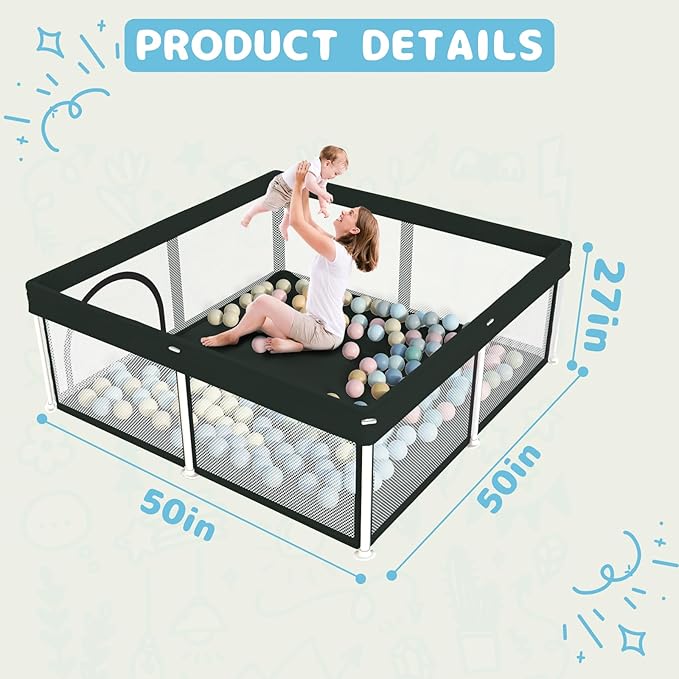 TOREVSIOR Foldable Baby Playpen with Mat, 50"×50" Collapsible Play Pen for Babies and Toddlers, Indoor & Outdoor Kids Safety Play Pen, Portable Play Yard, Foldable Baby Playpen with 50 Ocean Balls