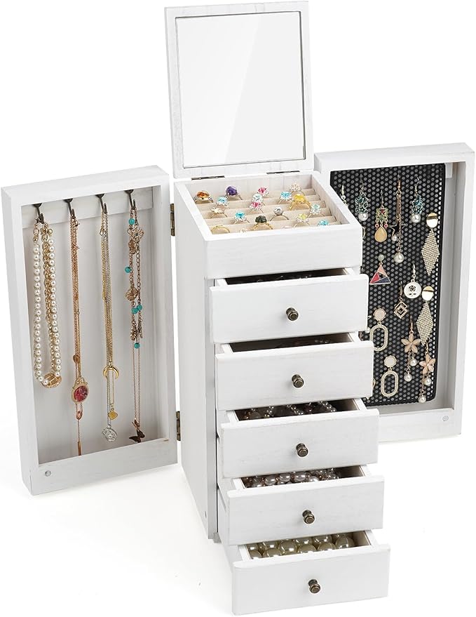 Meangood White Jewelry Box Wood for Women, 6-Layer Large Organizer Box with Mirror & 5 Drawers for Rings, Earrings, Necklaces, White