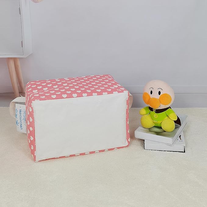 LANGYASHAN Rectangular Storage Bin Collapse Canvas Fabric Cartoon Storage Basket with Handles for Organizing Home Kitchen Boys and Girls Toys Office Closet Shelf Baskets (Rec pink heart)