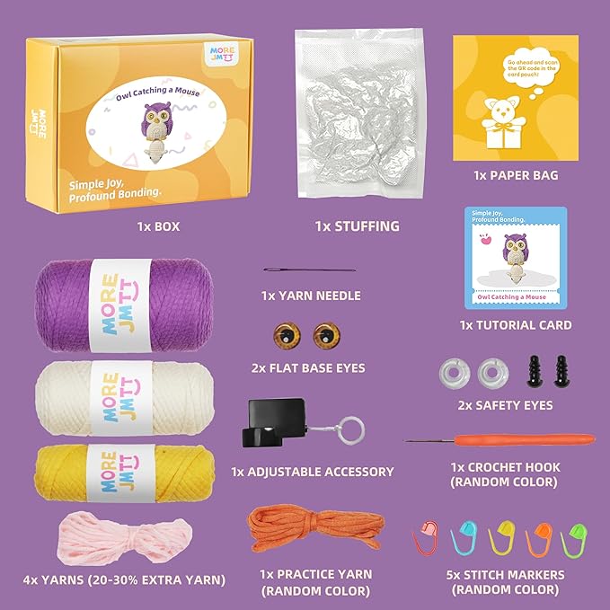 MOREJMTT Crochet Kit for Beginners Animal,Crochet Animal Kits,Crocheting Kit for Starters,Learn to Crochet with Step-by-Step Video Tutorials,Beginner Crochet Kits for Adults(owl)