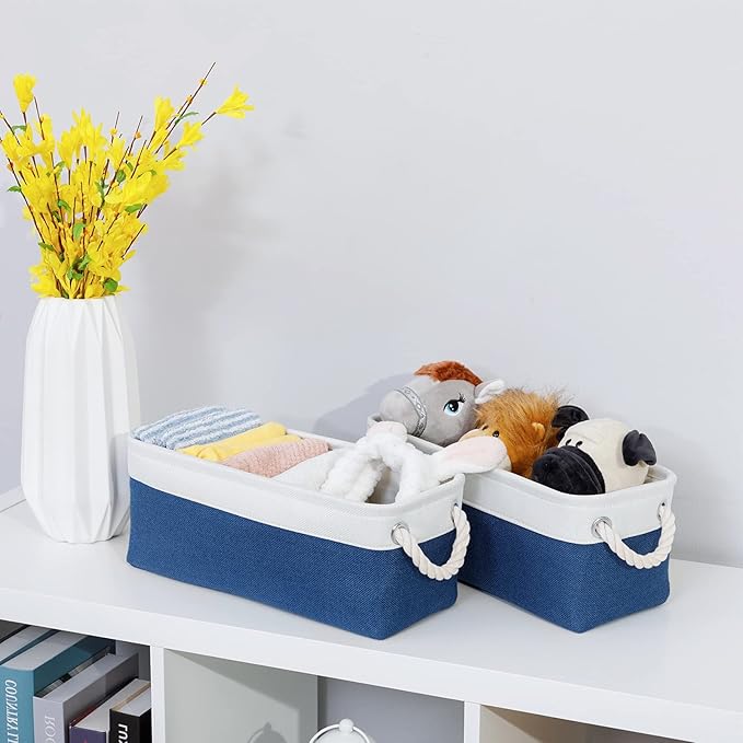 DULLEMELO Toilet Paper Storage Basket, Toilet Paper Basket for Back of Toilet, Bathroom Storage Basket for Cosmetics Towels Toilet Paper, Toilet Tank Basket with Rope Handles for Toilet(White&Blue)