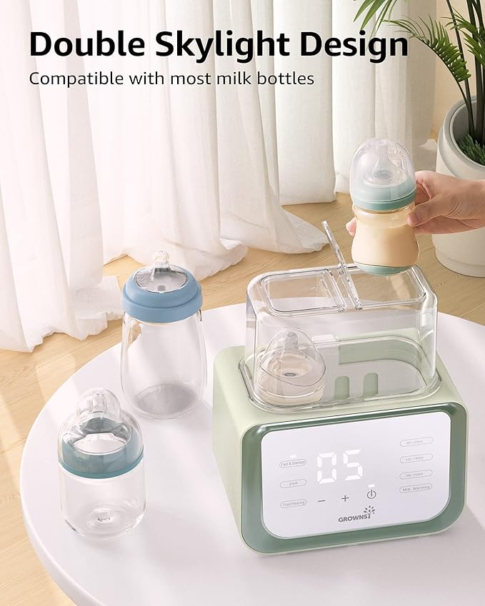 Baby Bottle Warmer, Grownsy 8-in-1 Fast Milk Warmer with Timer Breastmilk or Formula, Fits 2 Bottles, Accurate Temperature Control, with Defrost, Sterili-zing, Keep, Heat Baby Food Jars Function