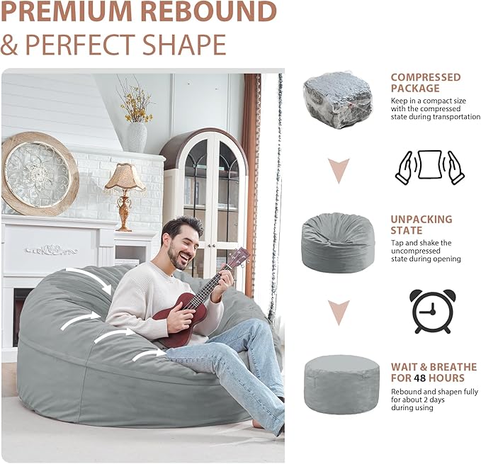 5FT Bean Bag Chair, Large Bean Bag Chairs with Memory Foam Filled, Fluffy Beanbag Sofa with Dutch Velvet Cover, Round BeanBag Chairs for Living Room, Playroom - Light Grey